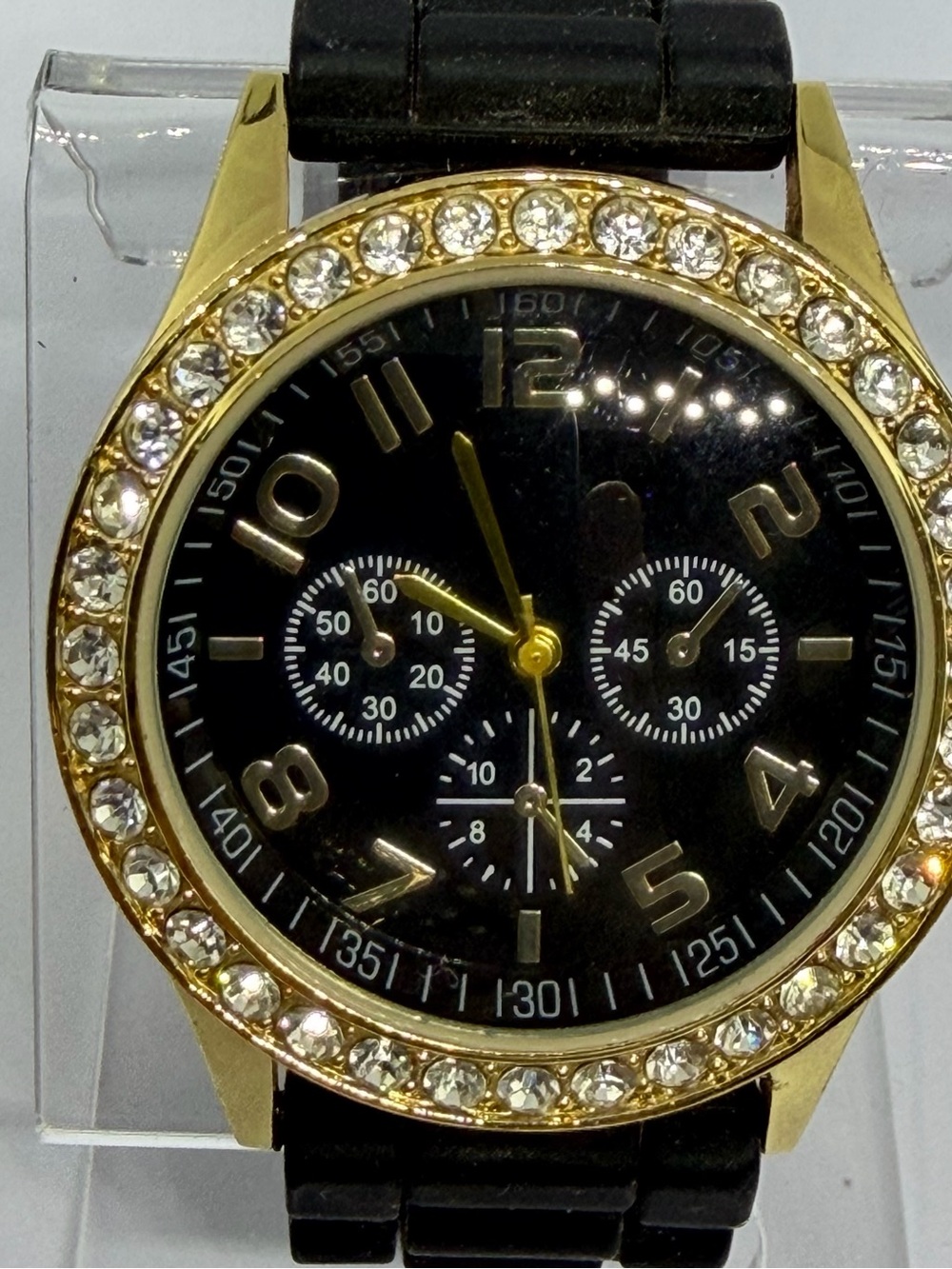 Darice Gold-Tone Watch with Black Dial and Crystal Bezel